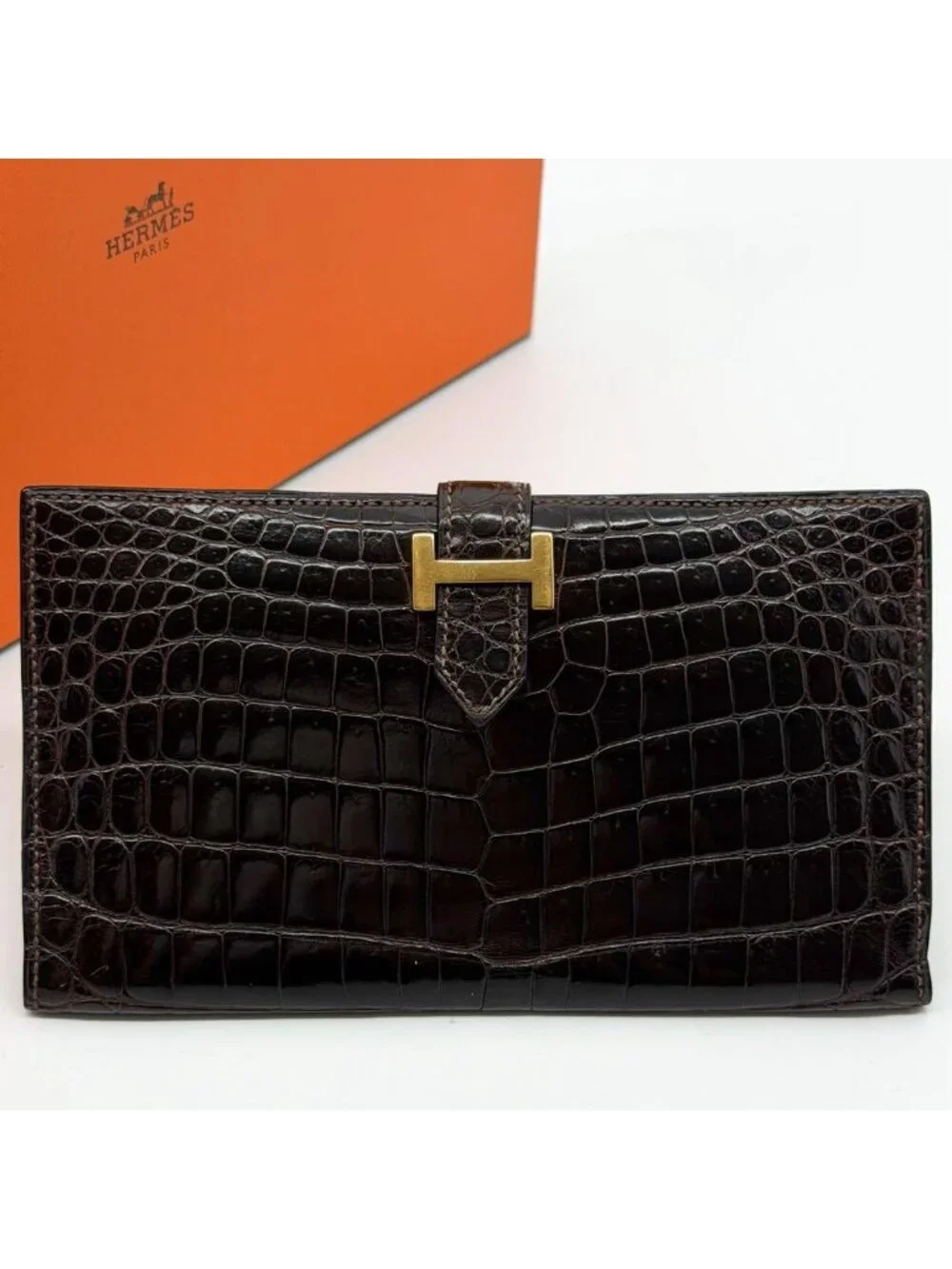Hermes Bearn Classic Croco Brown Vintage Wallet